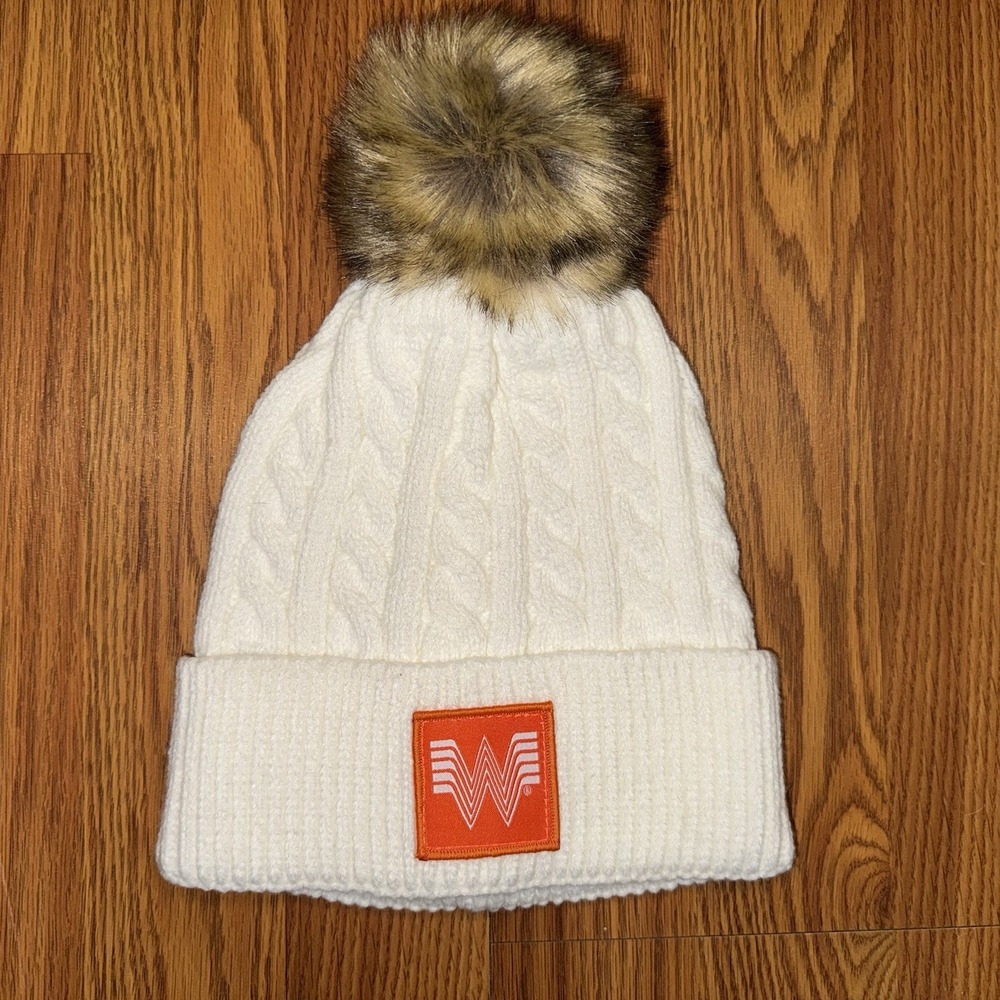 Whataburger Ladies Winter POM Beanie Fur Cap One Size Logo Stretch Cream & Brwn